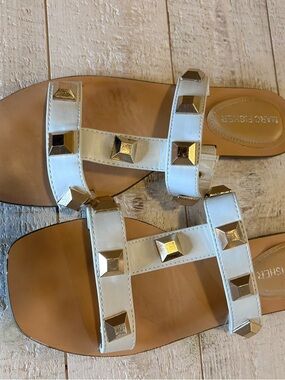 Marc Fisher White Leather Studded Slide Sandals with Gold Accents